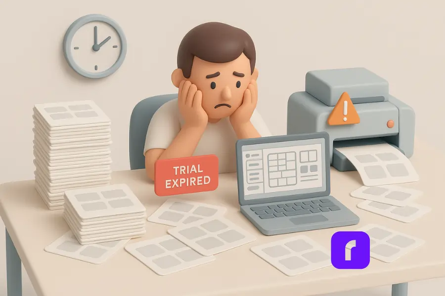 Frustrated small business owner surrounded by label sheets, facing a “Trial Expired” screen and printer error—highlighting common struggles with label printing software.